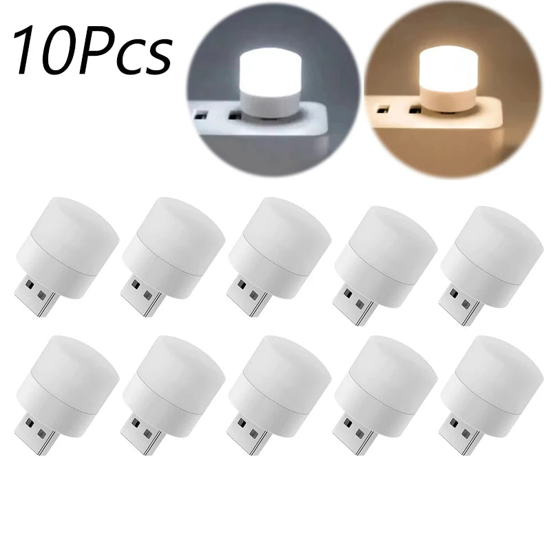 Tio vita mini USB-nattlampor för läsning med varmt vitt sken, visade från olika vinklar.