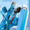 A blue electric water gun is shown with a battery pack and a separate cylindrical battery unit.