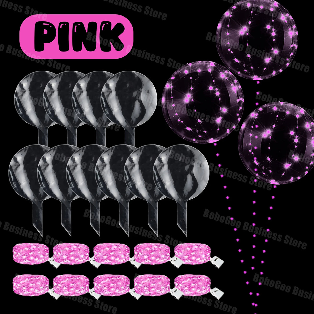 Pink LED light-up balloons with pre-strung lights for celebrations