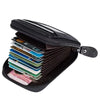 A black compact zipper card holder with multiple slots for storing cards and identification documents.