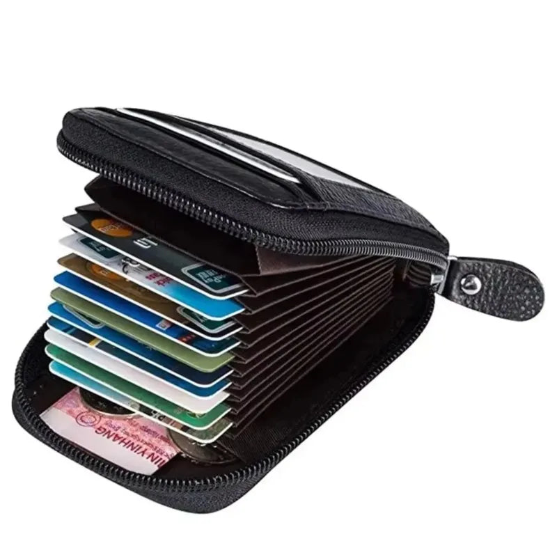 A black compact zipper card holder with multiple slots for storing cards and identification documents.