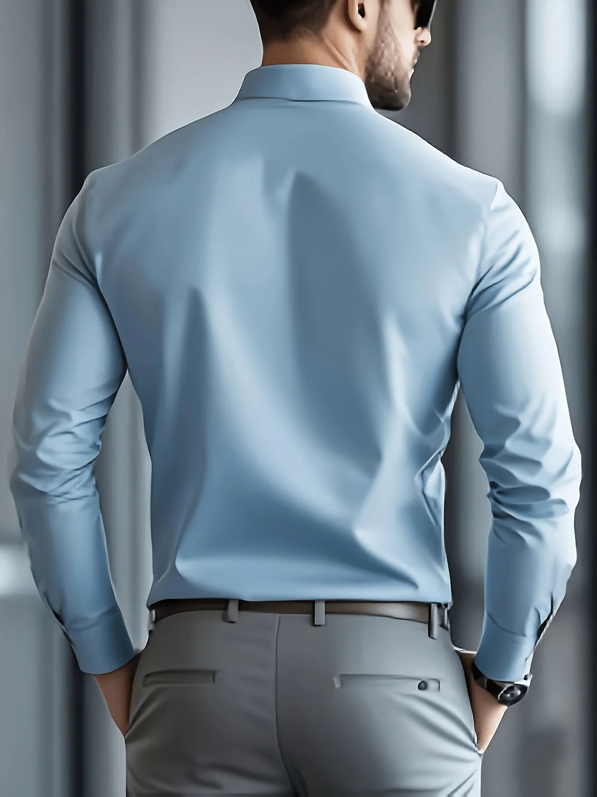 A man wearing a light blue long-sleeve formal shirt and gray trousers, viewed from the back.