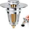 A silver and gold universal push-type sink and bathtub drain stopper with a removable cap.