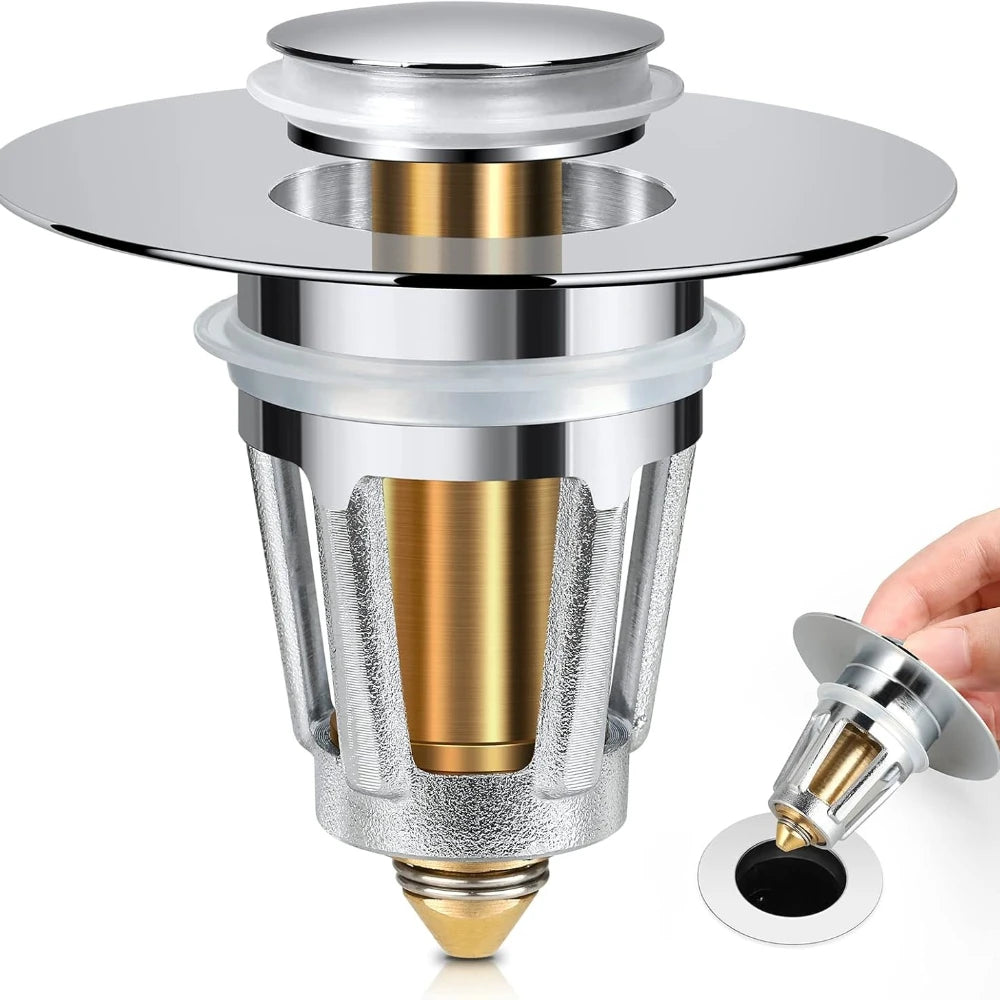 A silver and gold universal push-type sink and bathtub drain stopper with a removable cap.