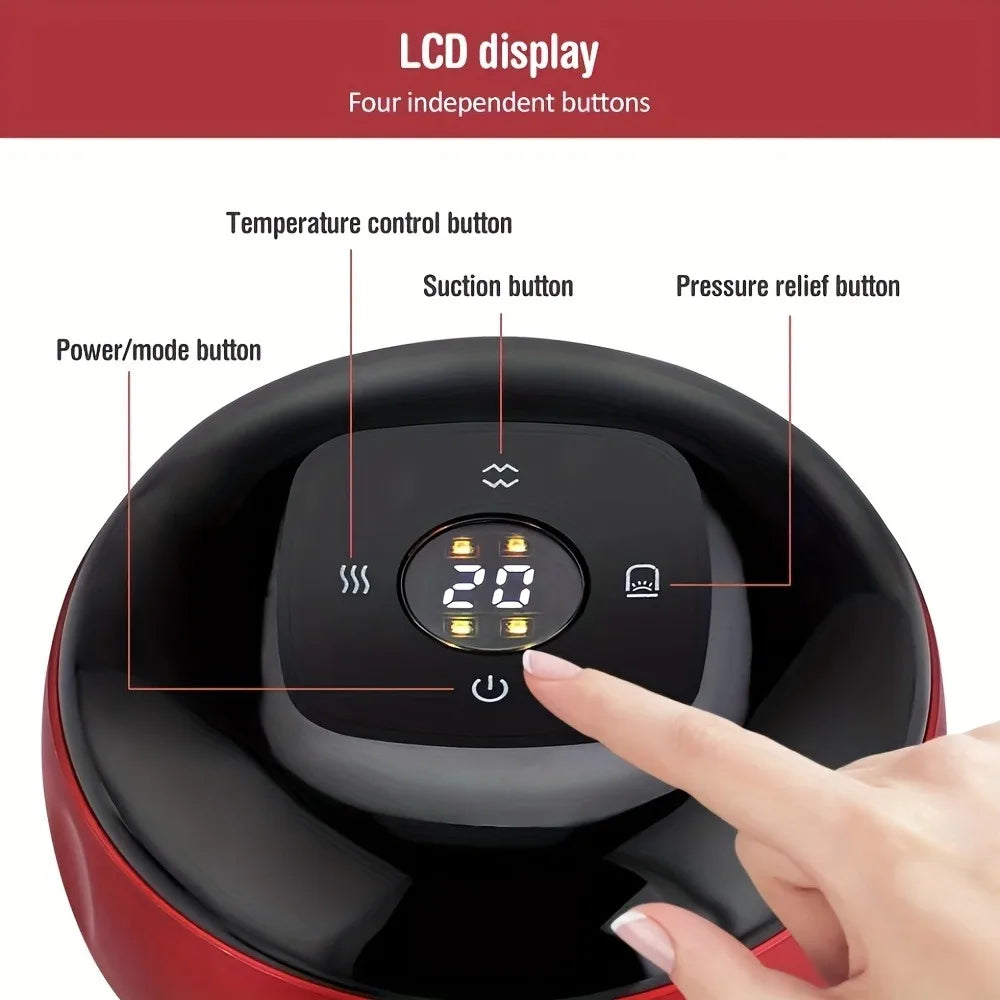 Primer plano de un masajeador de ventosas eléctrico con cuerpo negro y rojo, mostrando varios botones de control.