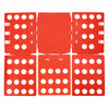 A set of four red clothes folding boards with circular holes for organizing laundry.