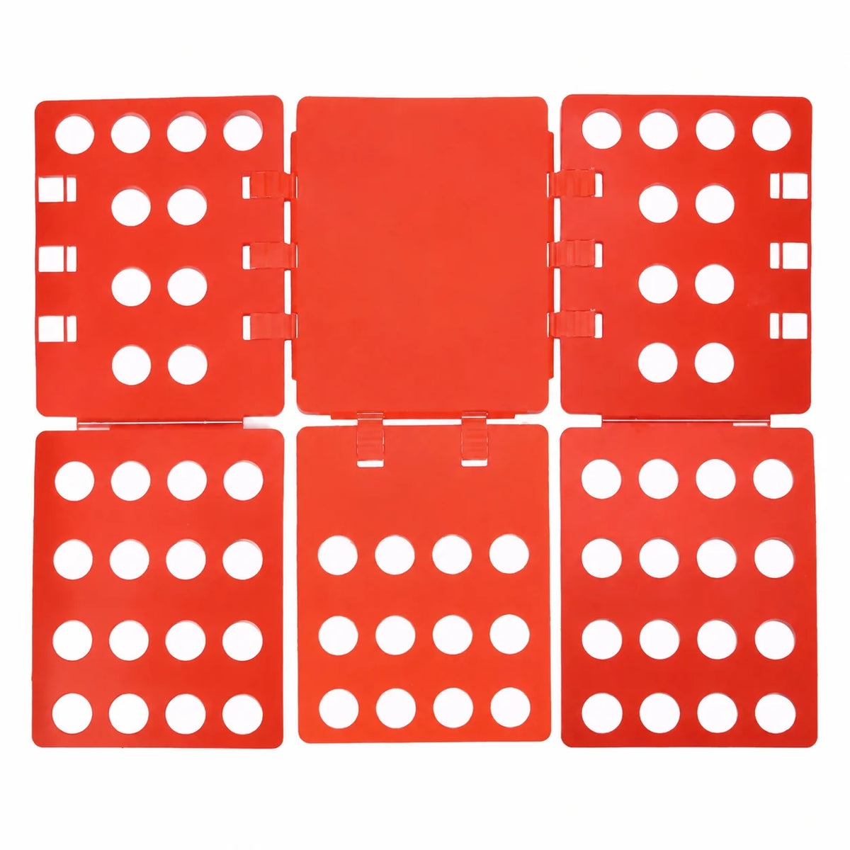 A set of four red clothes folding boards with circular holes for organizing laundry.
