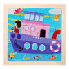 A wooden jigsaw puzzle featuring a pink boat and a building with fish and birds.
