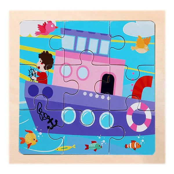 A wooden jigsaw puzzle featuring a pink boat and a building with fish and birds.