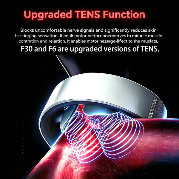 Close-up of a TENS device applying electrical stimulation to the neck and shoulder area.
