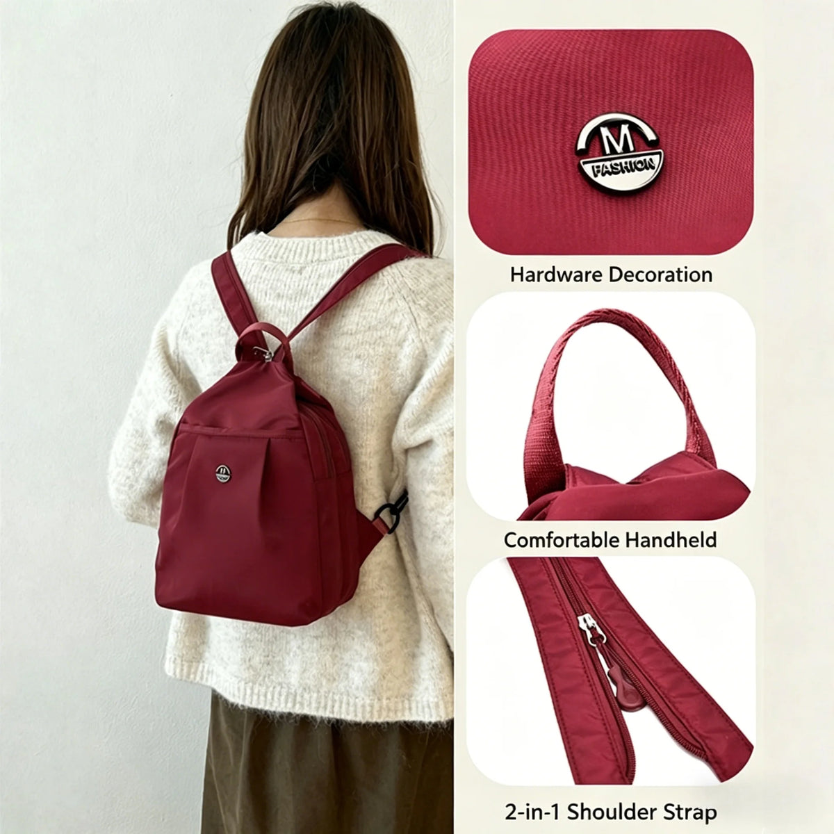 A maroon mini backpack with a leather patch and adjustable shoulder strap shown on a woman's chest.