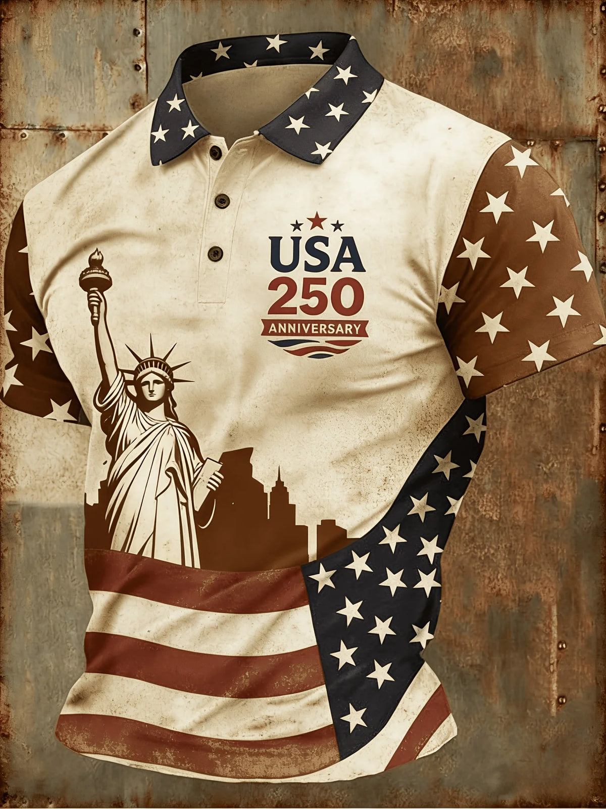 En polo-skjorte til USAs 250-årsjubileum med patriotisk design av ørn og amerikanske flaggelementer.