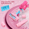 A pink toy vacuum cleaner is shown on a pink plate with clear beads, demonstrating a safe material product.