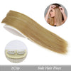 A side hair piece of blonde hair shown next to a clip and a circular inset showing the hair texture.
