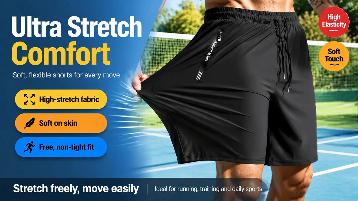 Black men's high-stretch shorts shown on a person, highlighting comfort and flexibility for sports.