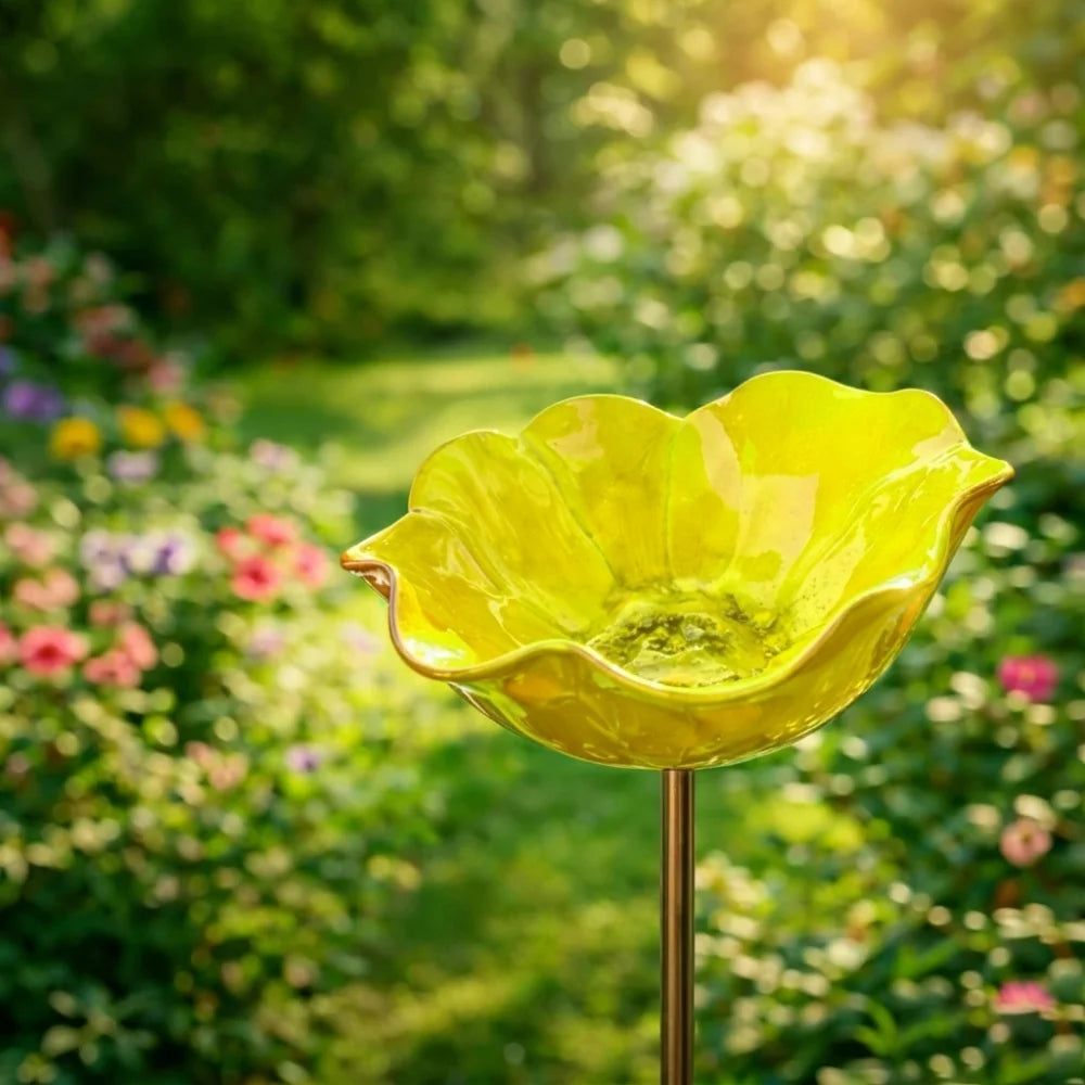 A bright yellow handcrafted metal flower garden stake shaped like a bowl, set in a lush green garden.