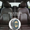 A pair of brown leather car seats showing a before and after comparison for clear and odorless interior protection.