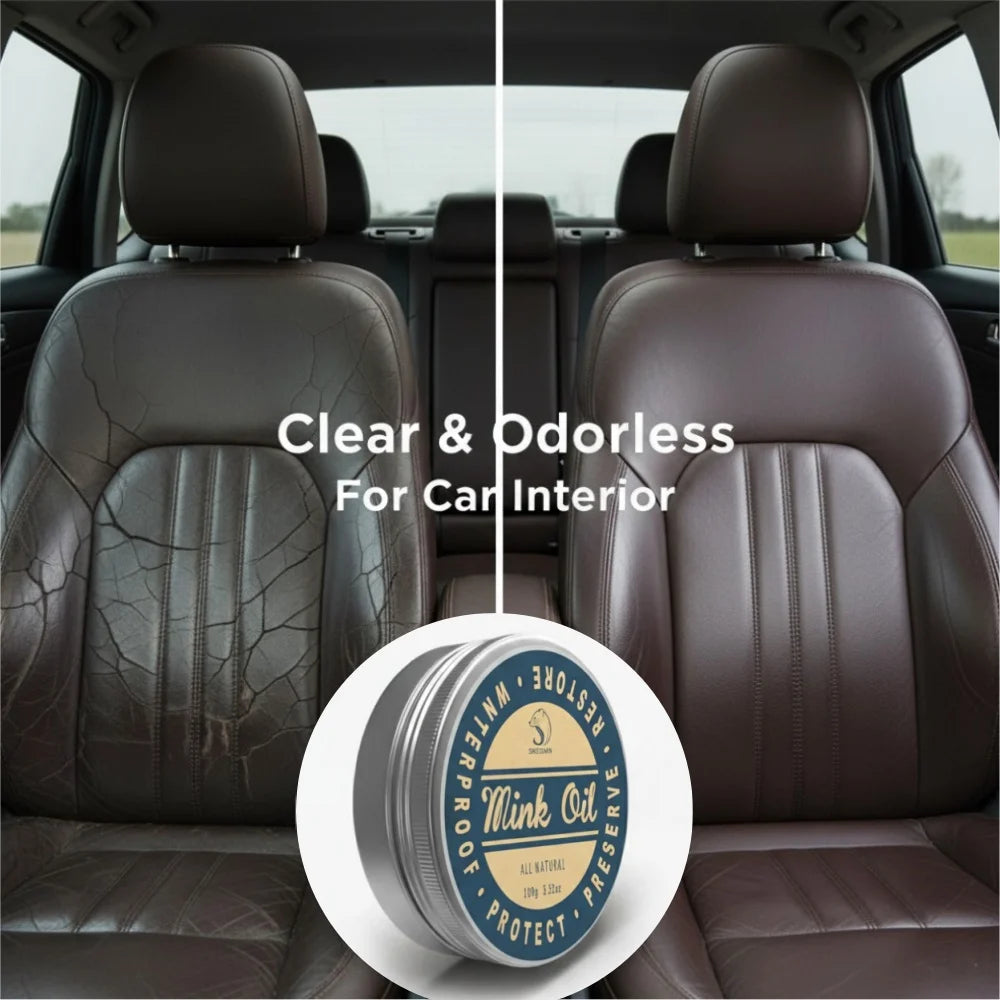 A pair of brown leather car seats showing a before and after comparison for clear and odorless interior protection.