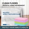 A package of floor cleaning tablets is shown next to a stack of colorful cleaning sheets, promoting clean floors and a peacef