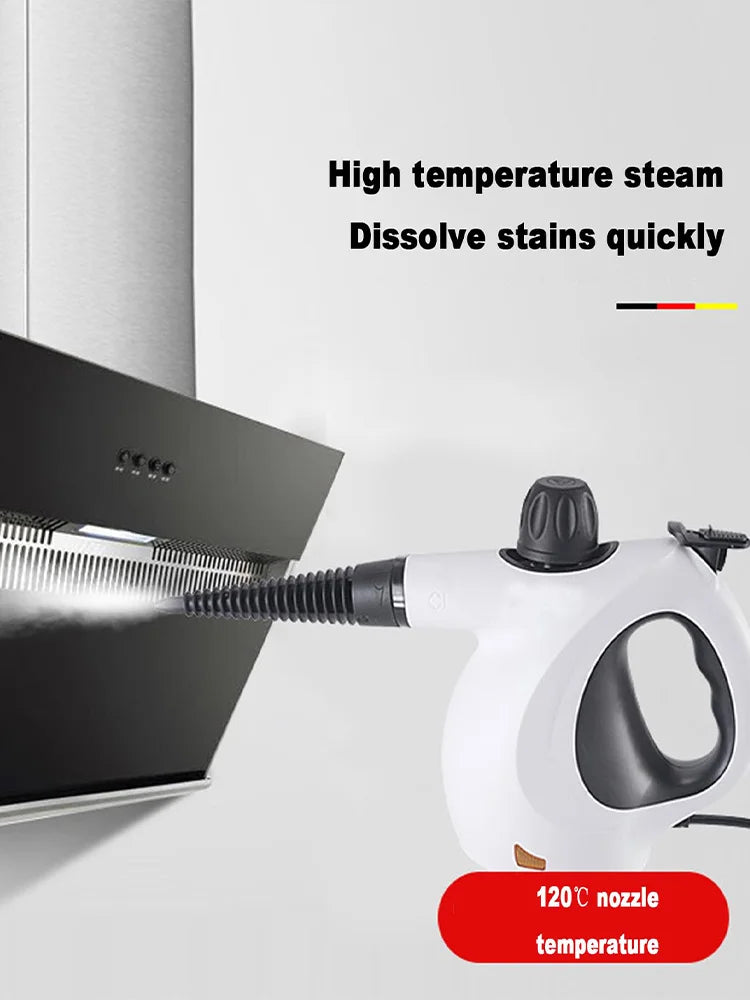 A white handheld steam cleaner is shown emitting high-temperature steam onto a dark appliance to dissolve stains quickly.