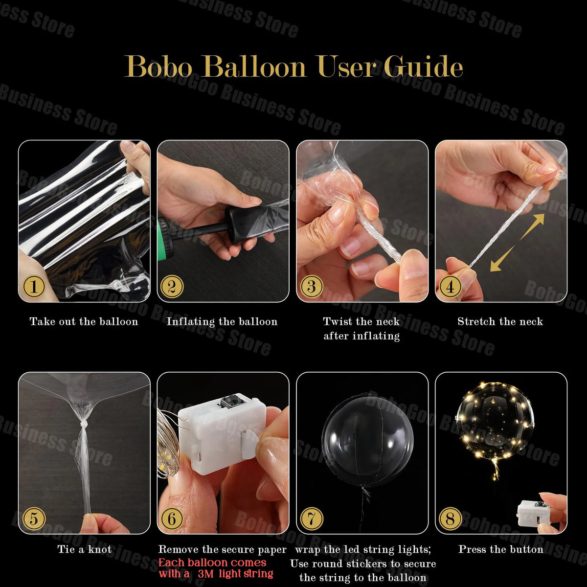User guide showing steps to inflate, twist, stretch, and secure LED light-up balloons for celebrations