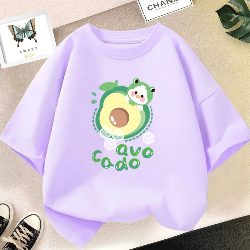 Light purple kids t-shirt featuring a green avocado print with the text avocado