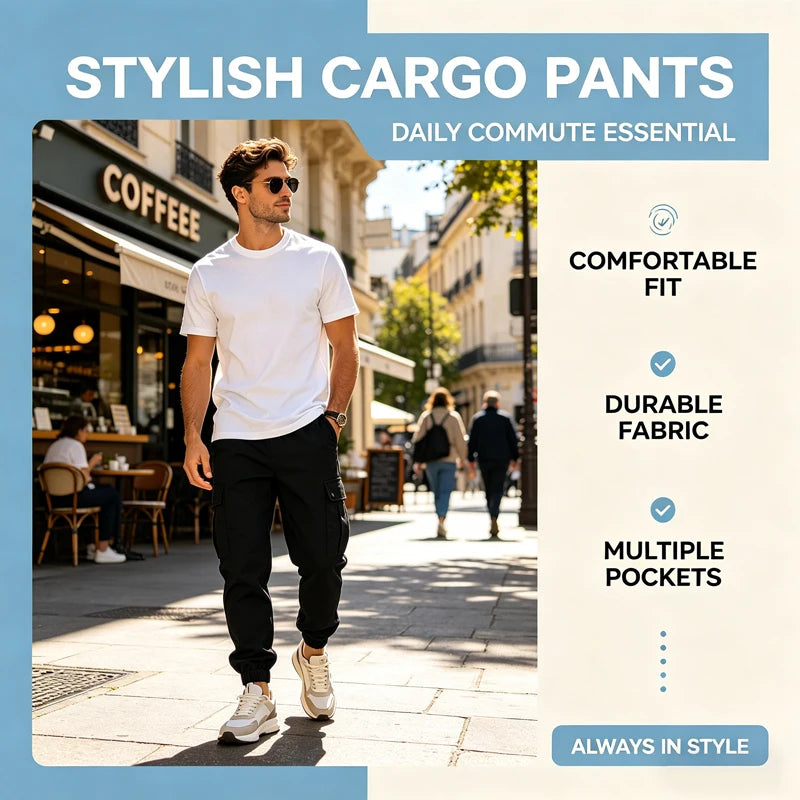 A man wearing stylish cargo pants walks on a city sidewalk, highlighting the comfortable fit and durable fabric.