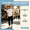 A man wearing stylish cargo pants walks on a city sidewalk, highlighting the comfortable fit and durable fabric.
