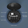 A black multi-head fast charging cable organizer with a storage case showing various Type-C and Micro SIM slots.
