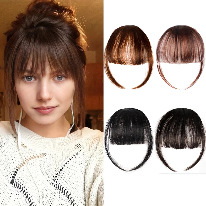 Mujer modela flequillos postizos rectos y despuntados en varios tonos de marrón y negro.
