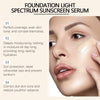 Close-up of a woman applying Foundation Light Spectrum Sunscreen Serum to her face.