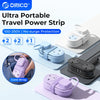 A compact travel power strip with two AC outlets and three USB ports is shown in various colors and configurations.