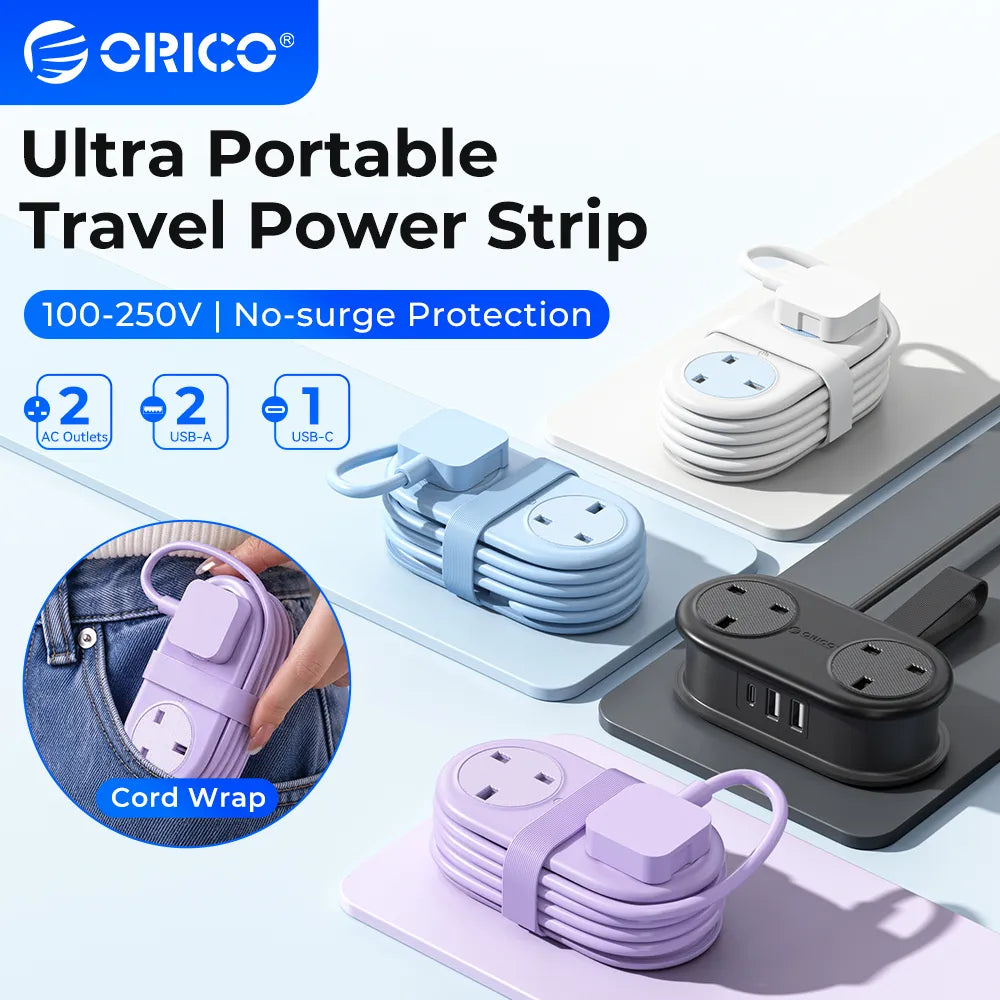 A compact travel power strip with two AC outlets and three USB ports is shown in various colors and configurations.