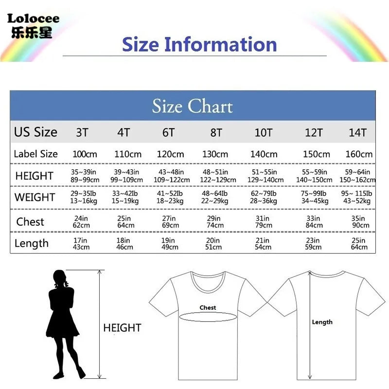 Size chart for a Lolocee Avocado Fruit Print Kids T-Shirt showing measurements in US sizes from 3T to 14T.