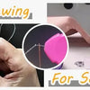 Hands demonstrating hand sewing and sewing machine techniques with a pink needle threader set.