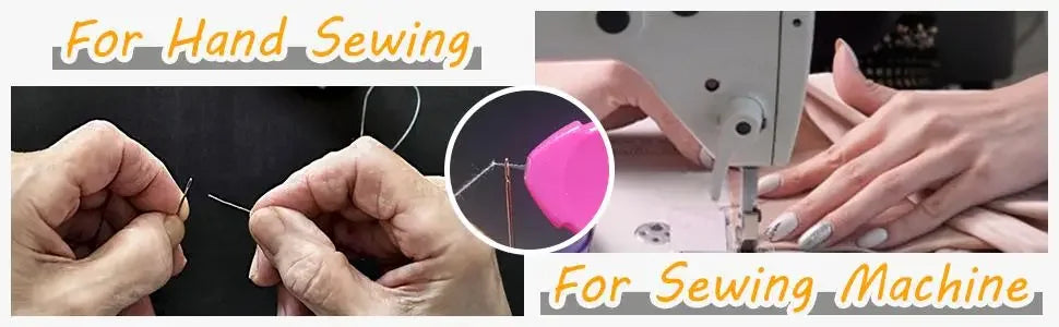 Hands demonstrating hand sewing and sewing machine techniques with a pink needle threader set.