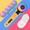 A yellow rotary fabric cutter with a black handle and multiple circular cutting discs is displayed on a colorful background.