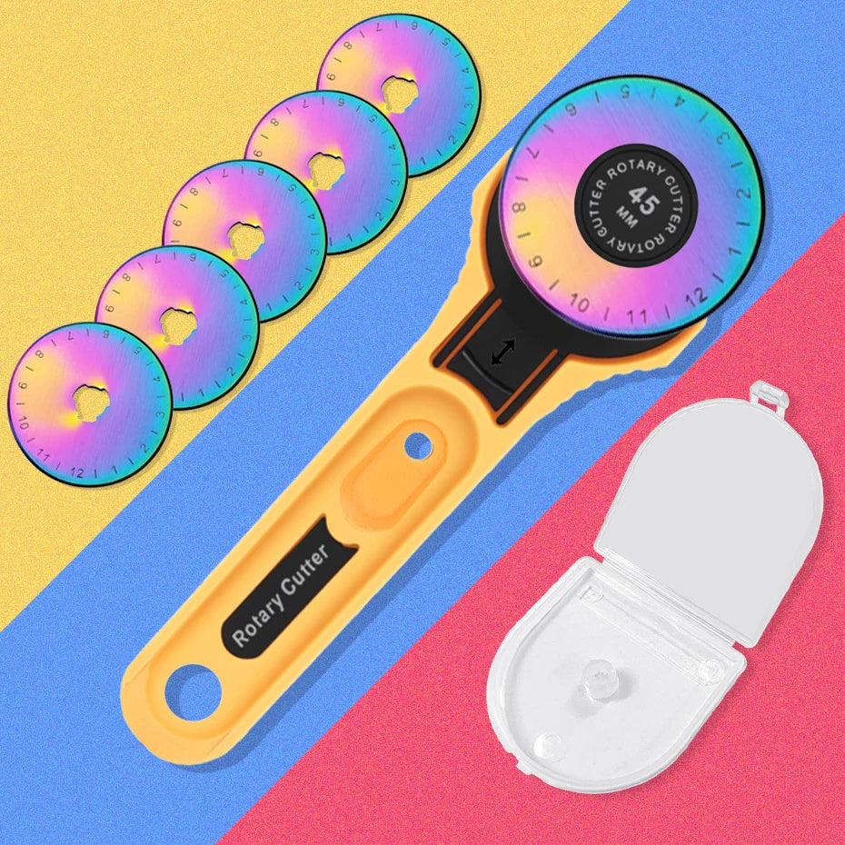 A yellow rotary fabric cutter with a black handle and multiple circular cutting discs is displayed on a colorful background.