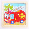 A wooden puzzle featuring a red toy car with a siren and a ladder, made of interlocking pieces.
