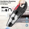 A hand is holding a black one-button emptying handheld vacuum cleaner with a clear nozzle and filter components.