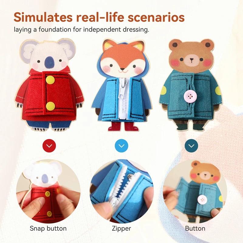 Montessori wooden busy board showing various clothing skills like snap buttons, zippers, and buttons on fabric garments.