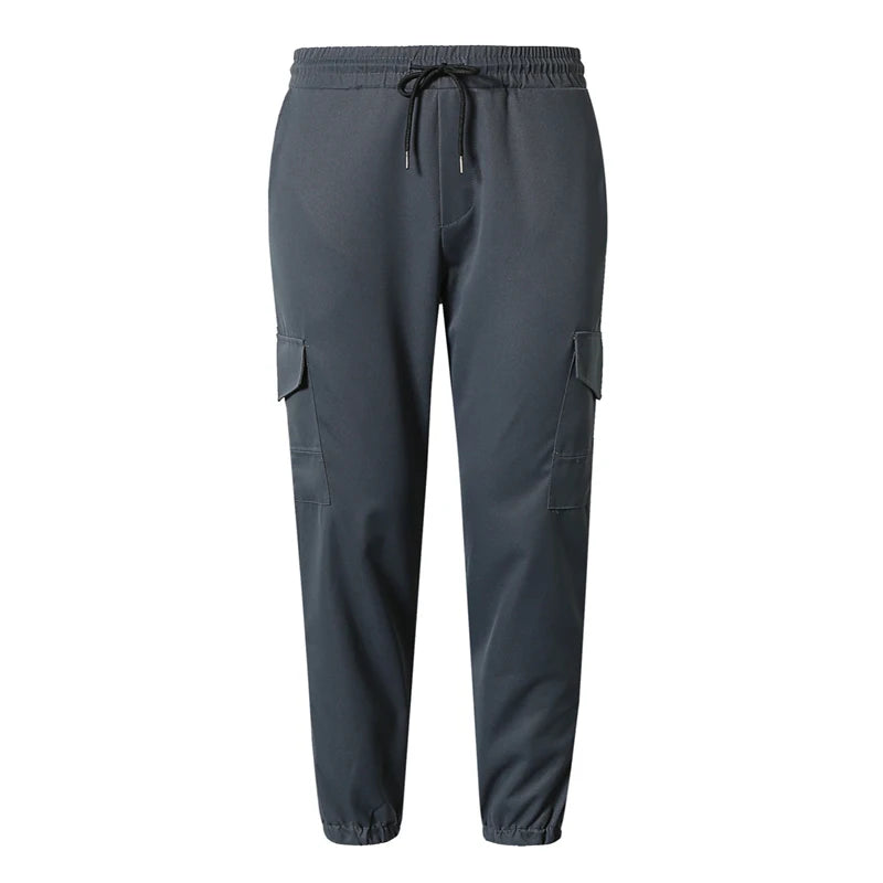 Dark gray men's casual cargo pants with a drawstring waist and side pockets