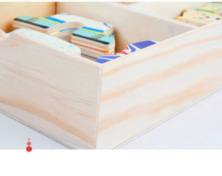 A wooden puzzle box containing several bear-themed dress-up pieces for children.