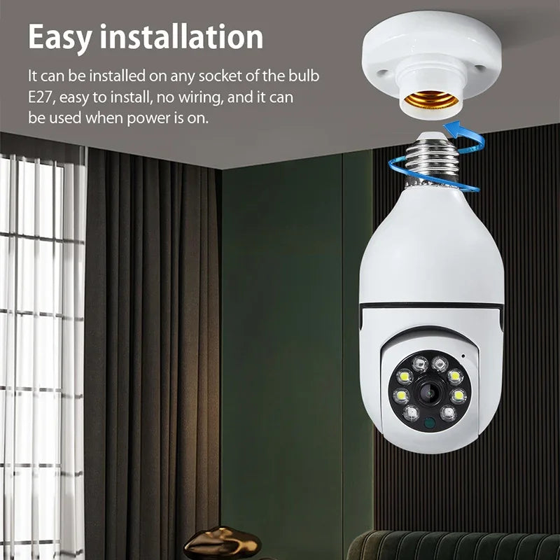 A white smart security camera is shown installed on a ceiling, ready for easy installation.