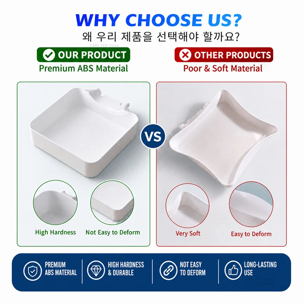 Comparison graphic showing a premium ABS washing machine filter drain tray versus poor and soft material.