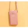 A pink soft leather crossbody handbag with a touch screen pocket hanging from a strap.