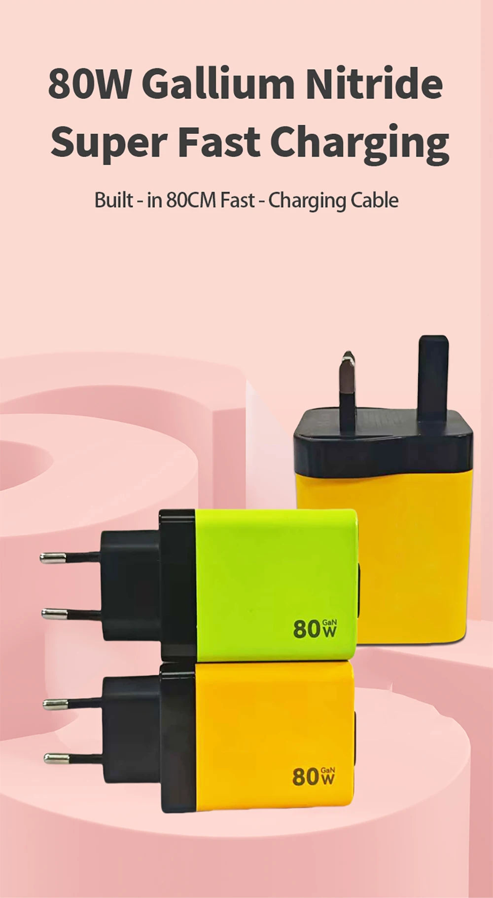 Two yellow and lime green 80W gallium nitride chargers with black retractable cables are displayed on a pink background.