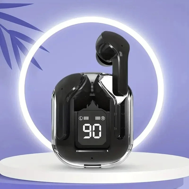 A transparent wireless earbud charging case with a digital display is shown against a purple background.