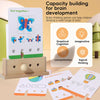 A wooden logic puzzle game for children showing various brain-thinking activities and skills.