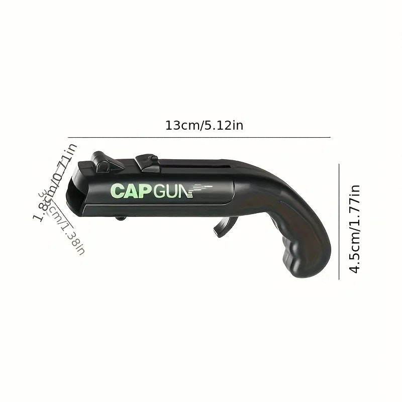 Black vintage cap gun style bottle opener tool shown with dimension lines.